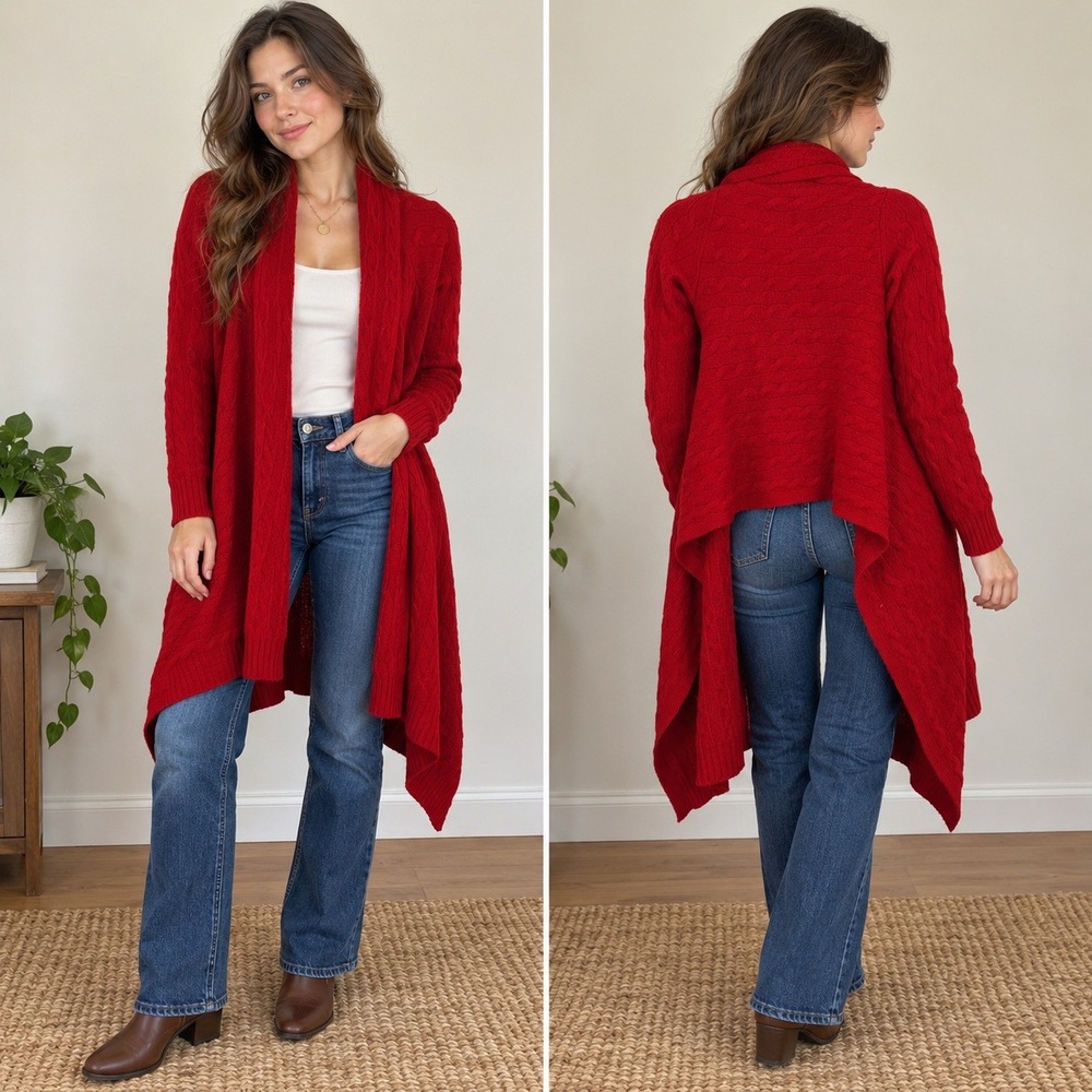 Vintage Ralph Lauren Womens Sweater M/L Red Cable Knit Wool Cashmere Open Front